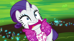 Size: 1280x720 | Tagged: safe, screencap, rarity, pony, unicorn, g4, the end in friend, azurantium, boots, female, glitter boots, mare, neckerchief, open mouth, screaming, shoes, solo, sparkles