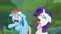 Size: 1280x720 | Tagged: safe, screencap, rainbow dash, rarity, pegasus, pony, unicorn, g4, the end in friend, duo, eyes closed, female, floppy ears, mare, neckerchief, open mouth, teary eyes, tongue out