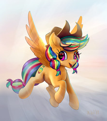 Size: 1686x1907 | Tagged: safe, artist:xbi, oc, oc only, oc:rainbowjack, pegasus, pony, cowboy hat, flying, hat, implied appledash, implied lesbian, implied magical lesbian spawn, implied shipping, looking at you, multicolored hair, rainbow hair, smiling, solo, tabun art-battle finished after
