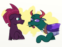 Size: 850x650 | Tagged: safe, artist:eulicious, pharynx, tempest shadow, changedling, changeling, pony, unicorn, g4, blushing, broken horn, crack shipping, eye scar, floppy ears, flower, flower in mouth, horn, interspecies, mouth hold, prince pharynx, rose, rose in mouth, scar, ship:tempynx, shipping, simple background