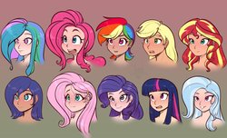 Size: 2969x1800 | Tagged: safe, artist:scorpdk, applejack, fluttershy, pinkie pie, princess celestia, princess luna, rainbow dash, rarity, sunset shimmer, trixie, twilight sparkle, human, g4, bare shoulder portrait, bare shoulders, bedroom eyes, blushing, bust, eyebrows, eyebrows visible through hair, eyes on the prize, female, freckles, gradient background, grin, humanized, implied nudity, lip bite, looking at something, mane six, open mouth, portrait, s1 luna, shoulder freckles, simple background, smiling, sweat, varying degrees of want, wide eyes