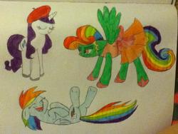 Size: 960x720 | Tagged: safe, artist:animalpainter, rainbow dash, rarity, oc, g4, clothes, dress, laughing, traditional art