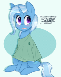 Size: 2000x2500 | Tagged: safe, artist:higglytownhero, trixie, pony, unicorn, g4, abstract background, blushing, clothes, colored pupils, cute, dialogue, diatrixes, featured image, female, great and powerful, high res, mare, open mouth, oversized clothes, oversized shirt, shirt, signature, sitting, solo, stuttering, third person, tsundere, tsunderixie, weapons-grade cute