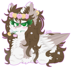 Size: 832x792 | Tagged: safe, artist:vanillaswirl6, oc, oc only, unnamed oc, pegasus, pony, blushing, colored pupils, colored wings, colored wingtips, commission, flower, flower in hair, freckles, green eyes, mouth hold, signature, simple background, solo, transparent background