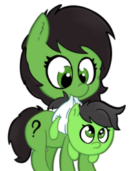 Size: 774x1024 | Tagged: safe, artist:lazynore, oc, oc only, oc:filly anon, pony, baby, baby pony, cute, diaper, duo, ear fluff, female, filly, frown, holding a pony, looking at you, mouth hold, simple background, smiling, transparent background