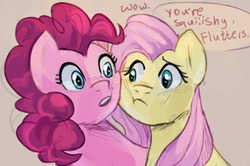 Size: 1774x1177 | Tagged: safe, artist:daisymeadows, fluttershy, pinkie pie, g4, cheek squish, cute, duo, female, personal space invasion, simple background, squishy cheeks
