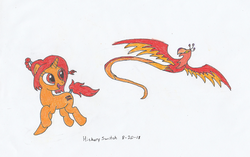 Size: 1024x643 | Tagged: safe, artist:hickory17, oc, oc only, oc:cinder, oc:trail blaze, bird, phoenix, pony, unicorn, female, flying, happy, implied fire, running, show accurate, signature, simple background, spread wings, tail wrap, traditional art, white background, wings