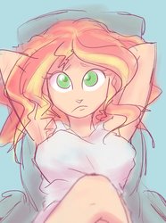 Size: 1526x2048 | Tagged: safe, artist:noupu, sunset shimmer, equestria girls, g4, arm behind head, armpits, breasts, busty sunset shimmer, clothes, female, looking at you, pillow, shirt, solo