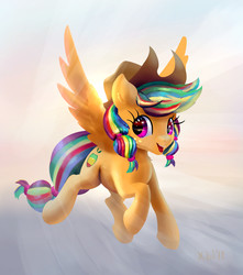 Size: 1686x1907 | Tagged: safe, alternate version, artist:xbi, oc, oc only, oc:rainbowjack, pegasus, pony, flying, implied appledash, implied lesbian, implied magical lesbian spawn, implied shipping, lineless, looking at you, rainbow colored mane, smiling, solo, spread wings, tabun art-battle finished after, wings