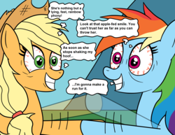 Size: 1853x1428 | Tagged: safe, artist:eagc7, applejack, rainbow dash, earth pony, pegasus, pony, g4, non-compete clause, bloodshot eyes, dialogue, duo, duo female, employee of the month, female, hooves, looking at each other, mare, messy mane, nickelodeon, parody, shaking hoof, smiling, speech bubble, spongebob squarepants, text, thought bubble