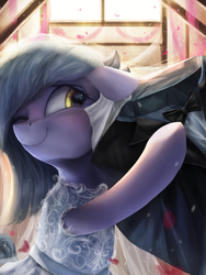 Size: 2250x3000 | Tagged: safe, artist:vanillaghosties, limestone pie, tom, earth pony, pony, g4, bride, cargo ship, clothes, crack shipping, cute, dress, female, high res, limabetes, mare, one eye closed, shipping, solo, tuxedo, wedding dress, wink