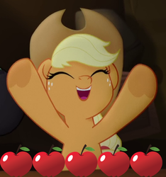 Size: 511x546 | Tagged: safe, artist:fureox, edit, edited screencap, screencap, applejack, earth pony, pony, g4, my little pony: the movie, adorable face, apple, applejack's hat, cowboy hat, cowgirl, cropped, cute, eyes closed, female, food, happlejack, happy, hat, jackabetes, mare, smiling, solo, that pony sure does love apples