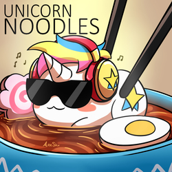Size: 2500x2500 | Tagged: safe, artist:arielsbx, oc, oc only, oc:parky strings, chibi, food, high res, music, noodles, sunglasses