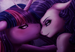 Size: 1984x1392 | Tagged: safe, artist:silverwolf866, rarity, twilight sparkle, g4, blushing, crossed horns, curved horn, duo, eyeshadow, face to face, female, horn, horns are touching, intimate, lesbian, lidded eyes, lipstick, makeup, ship:rarilight, shipping, speedpaint