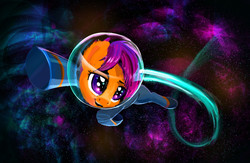 Size: 2142x1398 | Tagged: safe, artist:xbi, scootaloo, pony, tabun art-battle, g4, astronaut, female, jet stream, jetpack, scootaloo can fly, smiling, solo, space, spacesuit