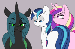 Size: 1280x833 | Tagged: safe, artist:pabbley, edit, princess cadance, queen chrysalis, shining armor, alicorn, changeling, changeling queen, pony, g4, 30 minute art challenge, distracted boyfriend meme, eye clipping through hair, female, imminent threesome, inverted mouth, male, meme, ship:shining chrysalis, ship:shiningcadance, shipping, smiling, smirk, smug, stallion, straight, this will end in a night of three-player twister, this will end in a night on the couch