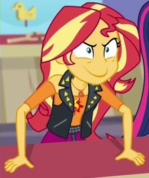 Size: 1204x1440 | Tagged: safe, edit, edited screencap, screencap, sci-twi, sunset shimmer, twilight sparkle, equestria girls, equestria girls series, g4, rollercoaster of friendship, >:), evil grin, geode of empathy, grin, happy, inverted mouth, silly, smiling, solo focus