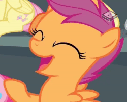 Size: 420x338 | Tagged: safe, screencap, applejack, fluttershy, pinkie pie, scootaloo, pegasus, pony, g4, the washouts (episode), animated, cute, cutealoo, female, filly, foal, gif