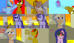 Size: 3648x2112 | Tagged: safe, artist:mellowbomb, applejack, pinkie pie, rainbow dash, rarity, twilight sparkle, oc, oc:running blade, comic:calamity fateful, g4, 1000 hours in ms paint, dialogue, high res