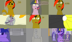 Size: 3648x2112 | Tagged: safe, artist:mellowbomb, fluttershy, rarity, twilight sparkle, oc, oc:running blade, comic:calamity fateful, g4, 1000 hours in ms paint, dialogue, high res