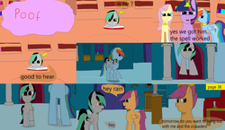Size: 3648x2112 | Tagged: safe, artist:mellowbomb, fluttershy, rainbow dash, scootaloo, twilight sparkle, oc, oc:closingrain, comic:calamity fateful, g4, 1000 hours in ms paint, dialogue, high res