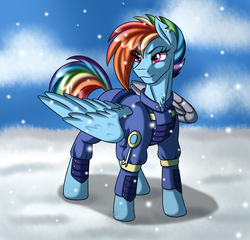 Size: 2400x2300 | Tagged: safe, artist:jack-pie, rainbow dash, pony, g4, my little pony: friendship is magic, the cutie re-mark, alternate timeline, alternate universe, amputee, apocalypse dash, augmented, clothes, crystal war timeline, female, high res, metal wing, prosthetic limb, prosthetic wing, prosthetics, redraw, snow, solo, torn ear, wavy mouth