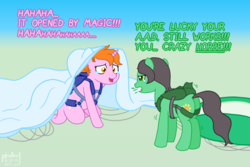 Size: 1500x1000 | Tagged: safe, artist:phallen1, oc, oc only, oc:maya northwind, oc:sadie michaels, earth pony, pony, unicorn, angry, atg 2018, covered, crying, dialogue, nervous laugh, newbie artist training grounds, parachute, ponified oc, reserve parachute, skydiving, tears of anger, tears of relief, teary eyes, yelling