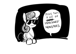Size: 1748x1240 | Tagged: safe, artist:christheblue, bon bon, sweetie drops, earth pony, pony, g4, black and white, dead monsters, doom, female, grayscale, meme, monochrome, secret agent sweetie drops, simple background, solo, transparent background