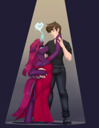 Size: 3010x3850 | Tagged: safe, artist:blithedragon, tempest shadow, oc, human, pony, unicorn, semi-anthro, fanfic:the lost element, g4, beautiful, bedroom eyes, bipedal, bubble, clothes, dancing, dirty dancing, dress, fanfic art, female, glowing horn, healed, heart, high res, horn, human male, interspecies, long hair, long tail, looking at each other, magic, magic aura, male, reformed, romantic, spotlight, tempest gets her horn back, tempest now has a true horn, this will end in happiness, total sideslit, touching, touching face