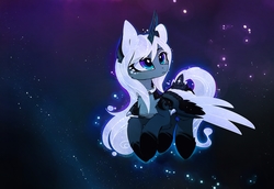 Size: 2478x1700 | Tagged: safe, artist:magnaluna, princess luna, alicorn, pony, g4, better source needed, collar, cute, female, flying, horn, lunabetes, pale belly, regal, solo, stars, wings