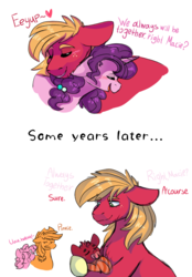 Size: 664x955 | Tagged: safe, artist:piidorenko, applejack, big macintosh, pinkie pie, sugar belle, oc, oc:red wine, pony, unicorn, g4, father and son, female, holding a pony, implied applepie, implied divorce, implied lesbian, implied shipping, lesbian, male, missing accessory, neck nuzzle, offspring, pacifier, parent:big macintosh, parent:sugar belle, parents:sugarmac, ship:applepie, ship:sugarmac, shipping, simple background, straight, white background