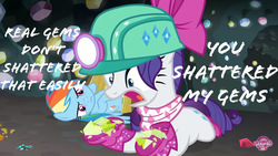 Size: 1280x720 | Tagged: safe, edit, edited screencap, screencap, rainbow dash, rarity, pegasus, pony, unicorn, g4, the end in friend, boots, duo, female, gem cave, glitter boots, helmet, mare, mining helmet, neckerchief, shattered, shoes, text