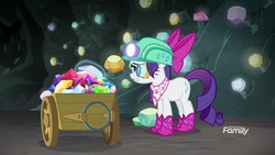 Size: 1920x1080 | Tagged: safe, screencap, rarity, pony, unicorn, g4, the end in friend, boots, cart, female, gem, gem cave, glitter boots, helmet, loupe, magic, mare, mining helmet, neckerchief, shoes, solo