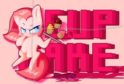 Size: 1556x1058 | Tagged: safe, pinkie pie, earth pony, pony, g4, cupcake, food, noise, obtrusive watermark, pinkamena diane pie, watermark