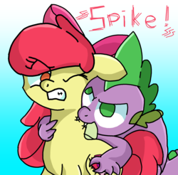 Size: 1523x1501 | Tagged: safe, artist:dragool, apple bloom, spike, dragon, pony, g4, angry, biting, duo, female, grope, looking at each other, male, neck biting, one eye closed, ship:spikebloom, shipping, straight, winged spike, wings