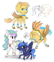 Size: 1024x1182 | Tagged: safe, artist:loryska, princess celestia, princess luna, oc, oc:caelus, alicorn, bat pony, bat pony alicorn, pony, g4, cewestia, cloven hooves, colt, female, filly, male, woona, younger