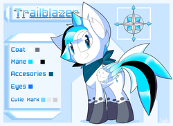 Size: 3570x2600 | Tagged: safe, artist:kaleido-art, oc, oc only, oc:trailblazer, pegasus, pony, bandana, blue eyes, caption, clothes, coat markings, cute, cutie mark, ear fluff, english, high res, looking at you, male, reference sheet, side view, sidemouth, simple background, smiling, socks (coat markings), solo, stallion, standing, wings