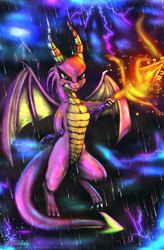 Size: 3000x4571 | Tagged: safe, artist:darksly, scales (g4), dragon, g4, the hearth's warming club, bloodstone scepter, dragoness, female, lightning, rain, solo