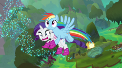 Size: 1280x720 | Tagged: safe, screencap, rainbow dash, rarity, bufogren, pegasus, pony, unicorn, g4, the end in friend, boots, female, flying, glitter boots, mare, shoes, swamp