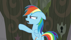 Size: 1280x720 | Tagged: safe, screencap, rainbow dash, pegasus, pony, g4, the end in friend, butt, door, female, keyhole, mare, open mouth, plot, solo