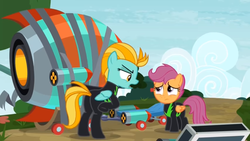 Size: 1366x768 | Tagged: safe, screencap, lightning dust, scootaloo, pegasus, pony, g4, the washouts (episode), duo, duo female, female, filly, foal, mare, pint-sized dynamite, rocket, spandex, washouts uniform