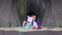 Size: 1280x720 | Tagged: safe, screencap, rainbow dash, rarity, pegasus, pony, unicorn, g4, the end in friend, azurantium, boots, female, glitter boots, hug, mare, neckerchief, shoes, sparkles