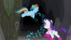 Size: 1280x720 | Tagged: safe, screencap, rainbow dash, rarity, pegasus, pony, unicorn, g4, the end in friend, azurantium, boots, butt, door, female, glitter boots, mare, neckerchief, plot, rainbutt dash, shoes, sparkles