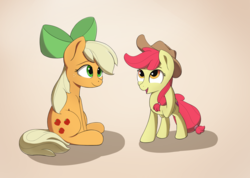 Size: 3716x2649 | Tagged: safe, artist:whiskeypanda, derpibooru exclusive, apple bloom, applejack, earth pony, pony, g4, accessory swap, alternate hairstyle, cowboy hat, duo, duo female, female, filly, hat, high res, mane swap, mare, ribbon, simple background, sisters, sitting, smiling, stetson