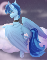Size: 1848x2346 | Tagged: safe, artist:velirenrey, oc, oc only, oc:happy dream, pegasus, pony, cloud, collar, cutie mark, looking at you, male, solo, stallion