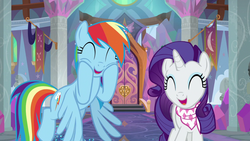 Size: 1280x720 | Tagged: safe, screencap, rainbow dash, rarity, pegasus, pony, unicorn, g4, the end in friend, cute, dashabetes, duo, eyes closed, female, flying, happy, laughingmares.jpg, mare, open mouth, raribetes, smiling