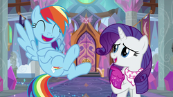 Size: 1280x720 | Tagged: safe, screencap, rainbow dash, rarity, pegasus, pony, unicorn, g4, the end in friend, cute, dashabetes, duo, eyes closed, female, flying, happy, laughing, laughingmares.jpg, mare, open mouth, raribetes, smiling, spread wings, wings