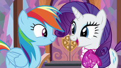 Size: 1280x720 | Tagged: safe, screencap, rainbow dash, rarity, pegasus, pony, unicorn, g4, the end in friend, boots, duo, female, glitter boots, mare, neckerchief, open mouth, shoes, smiling