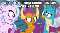 Size: 600x337 | Tagged: safe, edit, edited screencap, screencap, gallus, silverstream, smolder, dragon, griffon, hippogriff, g4, the end in friend, dragoness, fanfic, female, image macro, male, meme, memeful.com, notebook, trio