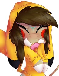 Size: 2229x2853 | Tagged: safe, artist:donutnerd, oc, oc only, oc:rune, pegasus, pikachu, pony, blushing, clothes, costume, cute, donut, eyes closed, female, fluffy, food, happy, high res, hoodie, kigurumi, mare, pikachu hoodie, plushie, pokémon, pokémon red and blue, smiling, snuggling, solo, sweatshirt, warm, young